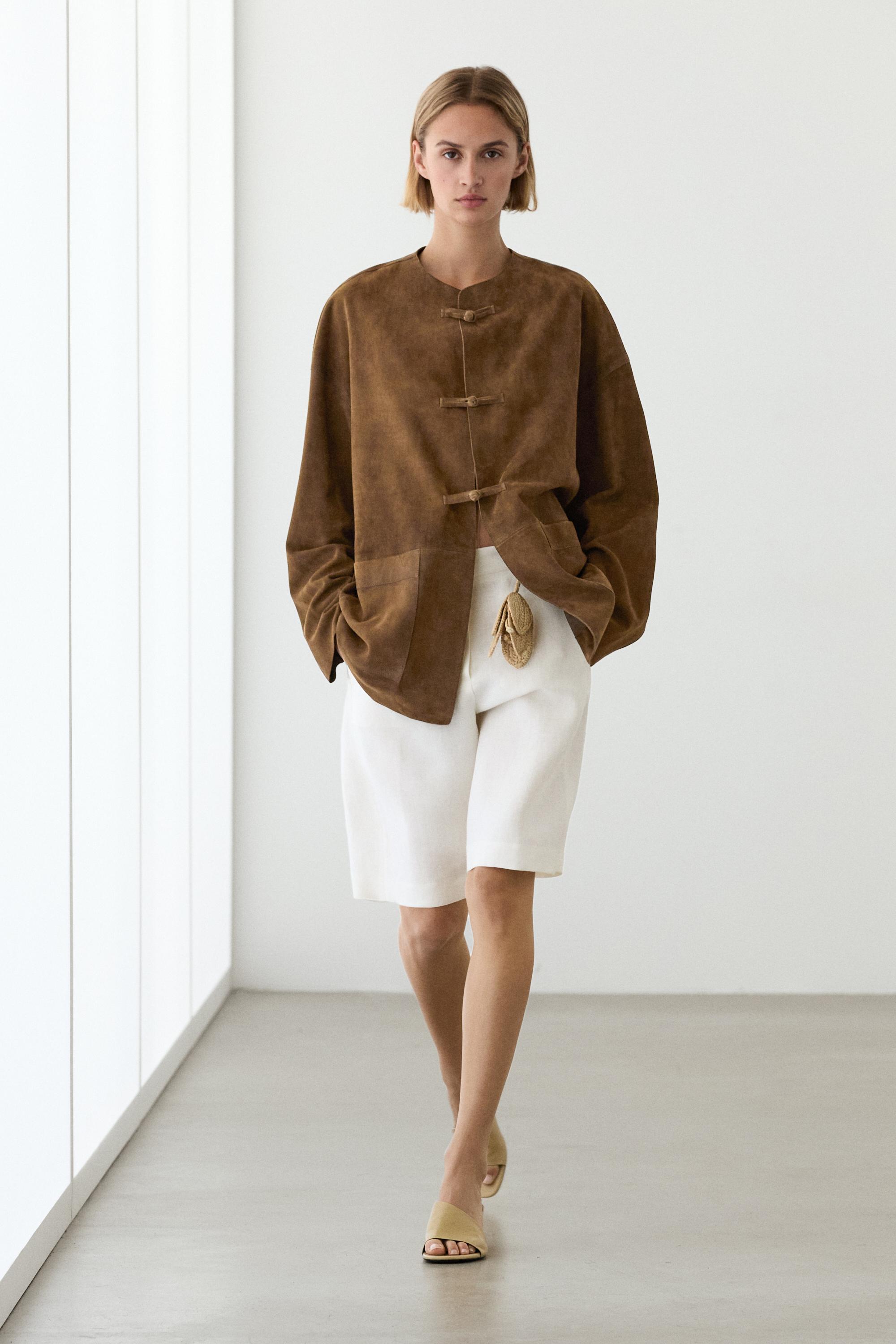 Veste à col officier en cuir finition daim